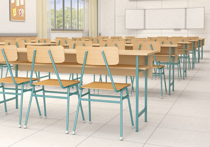 Squared frame tube tables and classroom chairs